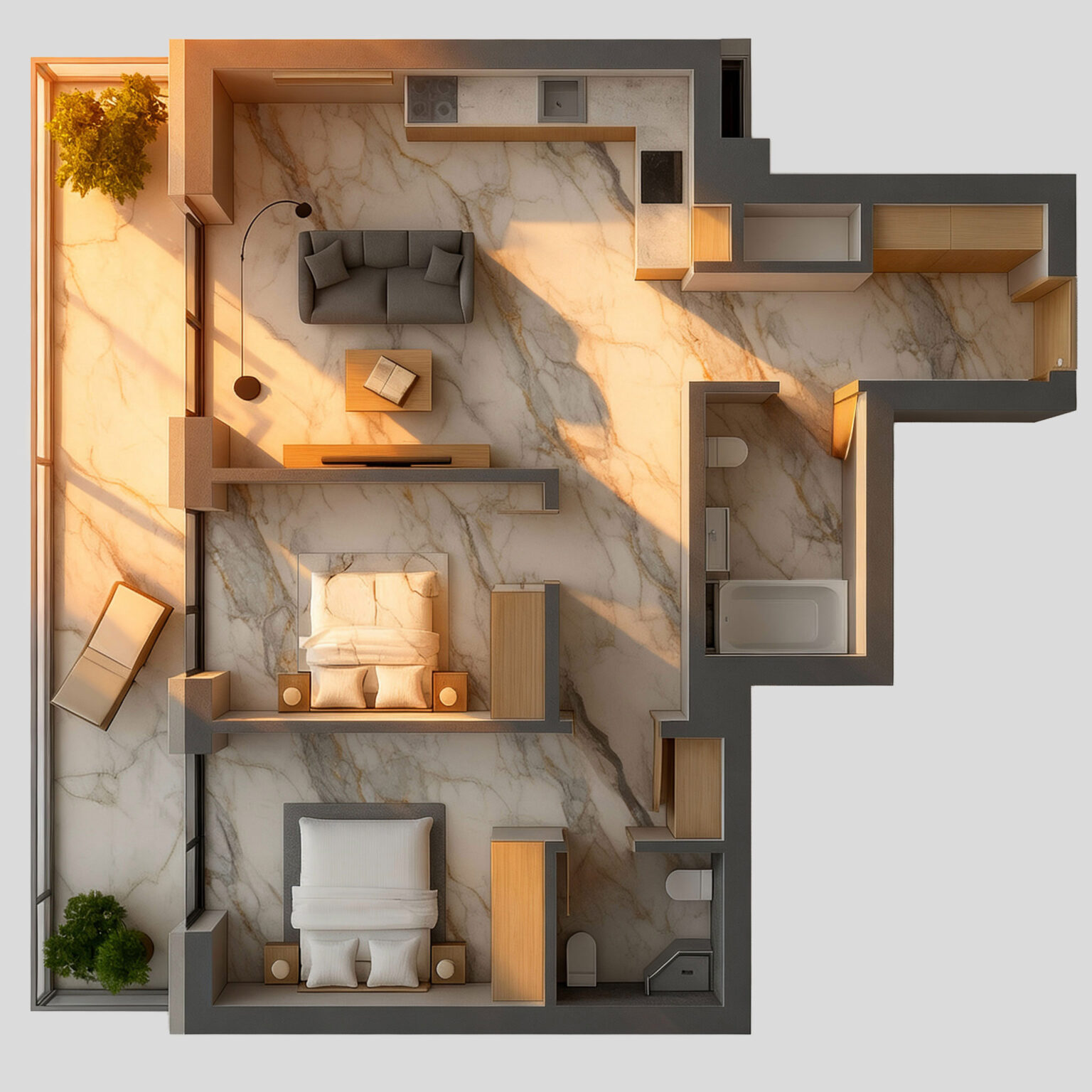 Randare 3D interior – Apartament 3 camere B2 Orient Residence 2