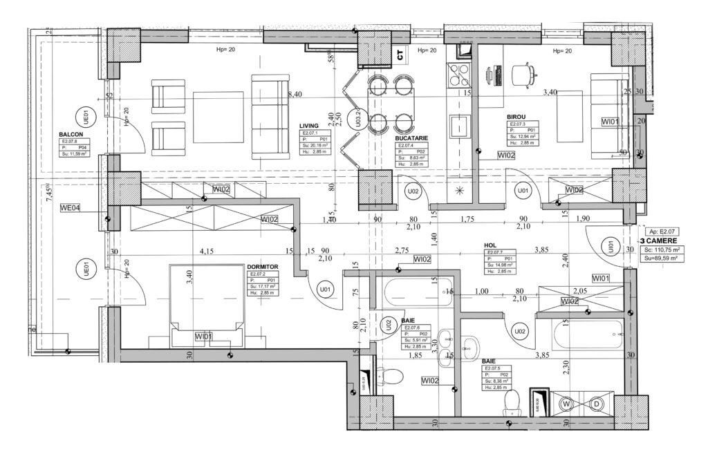 Schiță Apartament 3 camere A3-1 – Orient Residence 2 nr. 7, etaj 2